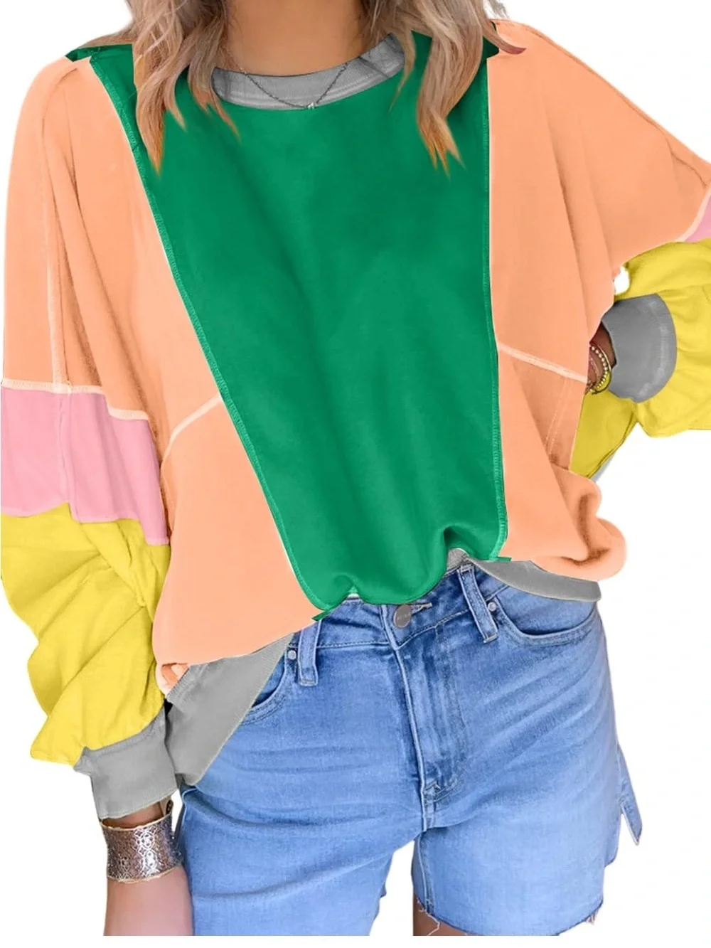 Long Sleeve Oversized Tops Colorblock Patchwork Exposed StitchingPullover 2XL - Picture 2 of 6